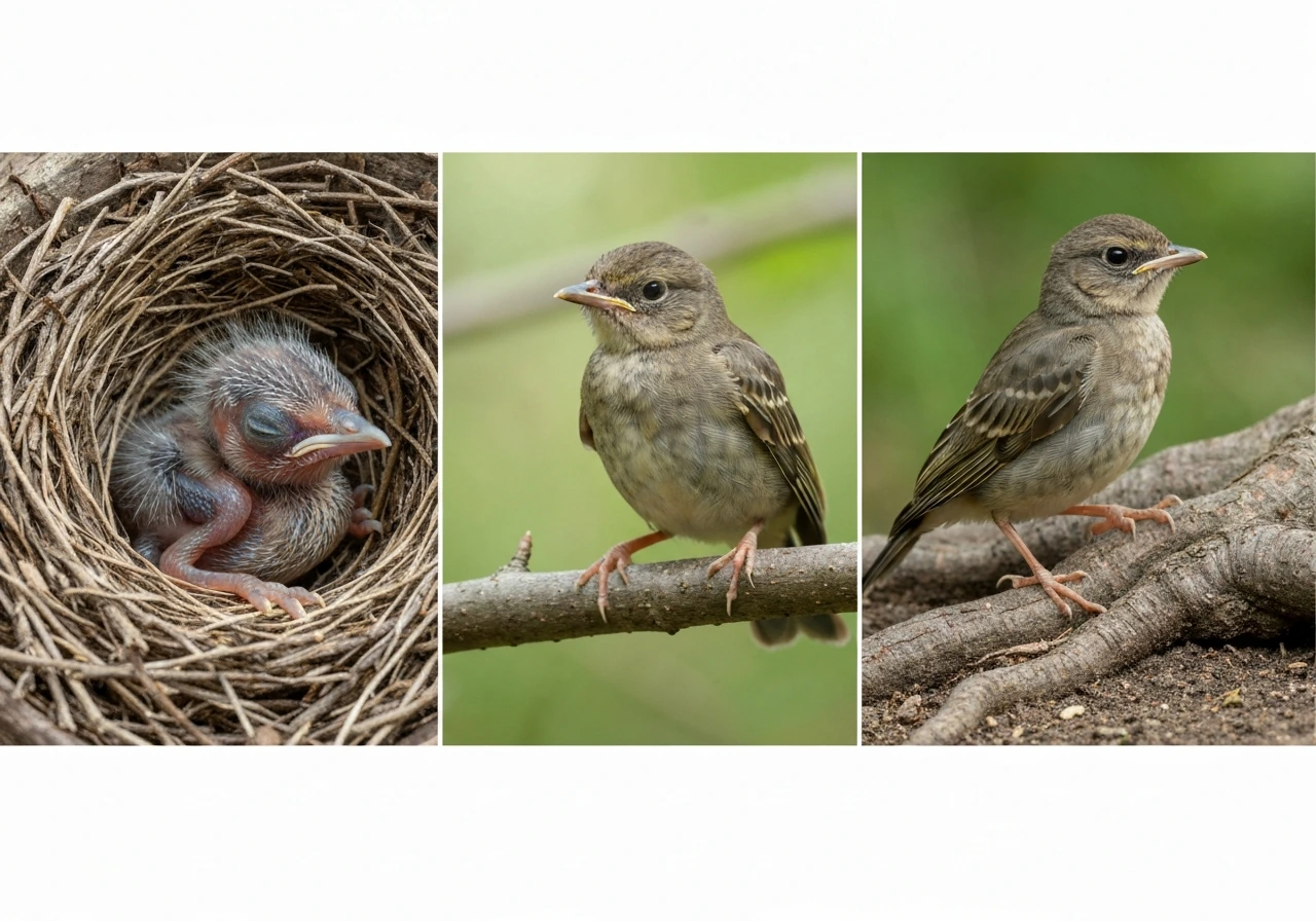 Three bird development stages: nestling in nest, fledgling on branch, juvenile on ground near tree.