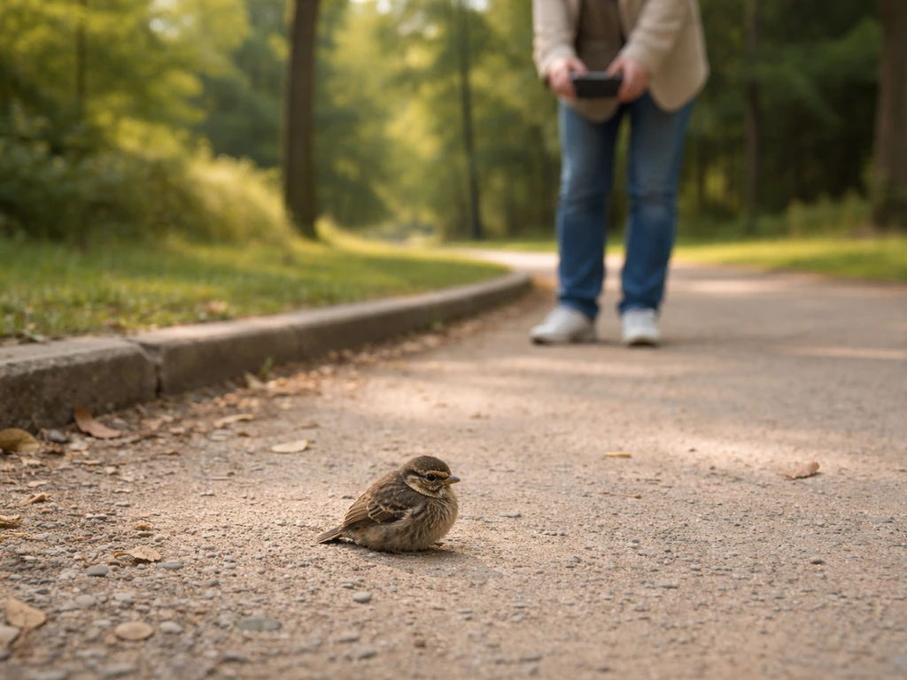 Small fledgling on a ground path while someone holds a phone from 10–15 feet away, no touching.