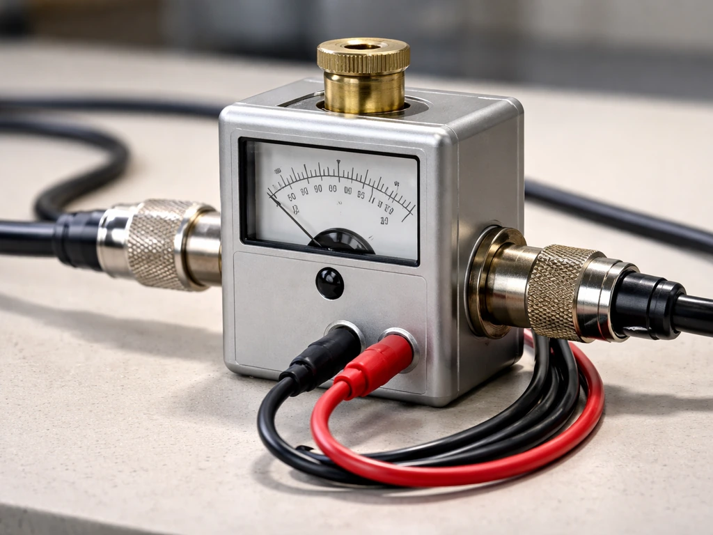 Close-up of a Bird directional thru-line wattmeter inline with 50-ohm coax, slug installed, meter leads visible.