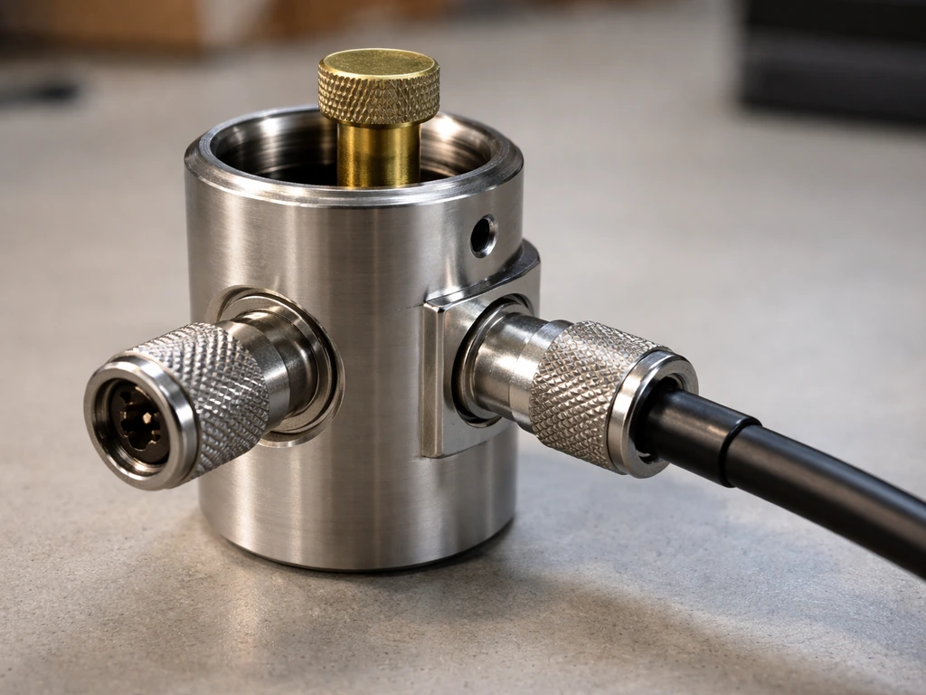 Close-up of a Bird directional RF wattmeter body with an inserted slug, showing the coax connector and metal details.