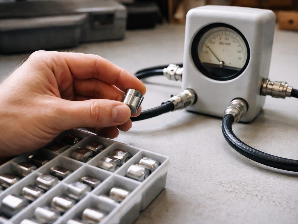 Close-up hands placing an RF wattmeter slug and connecting coax jumpers on a bench.