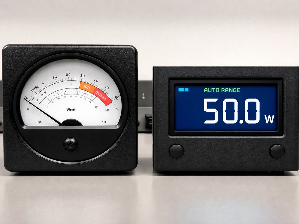 Analog Bird watt meter scale selected beside a digital auto-ranging watts display on a workbench.