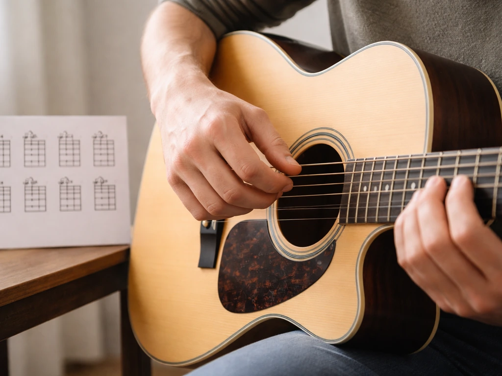 Close-up of hands holding an acoustic guitar chord shape with a simple chord chart nearby