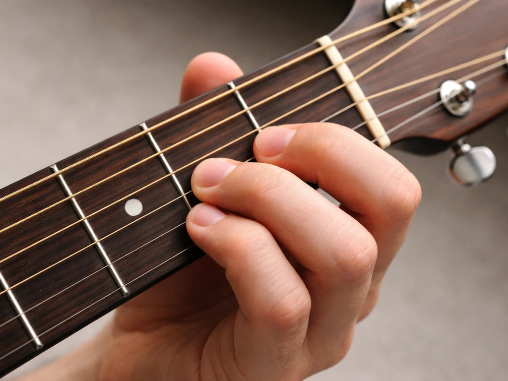 Close-up of a hand placing fingers for a D major chord on a guitar fretboard, ready to strum.