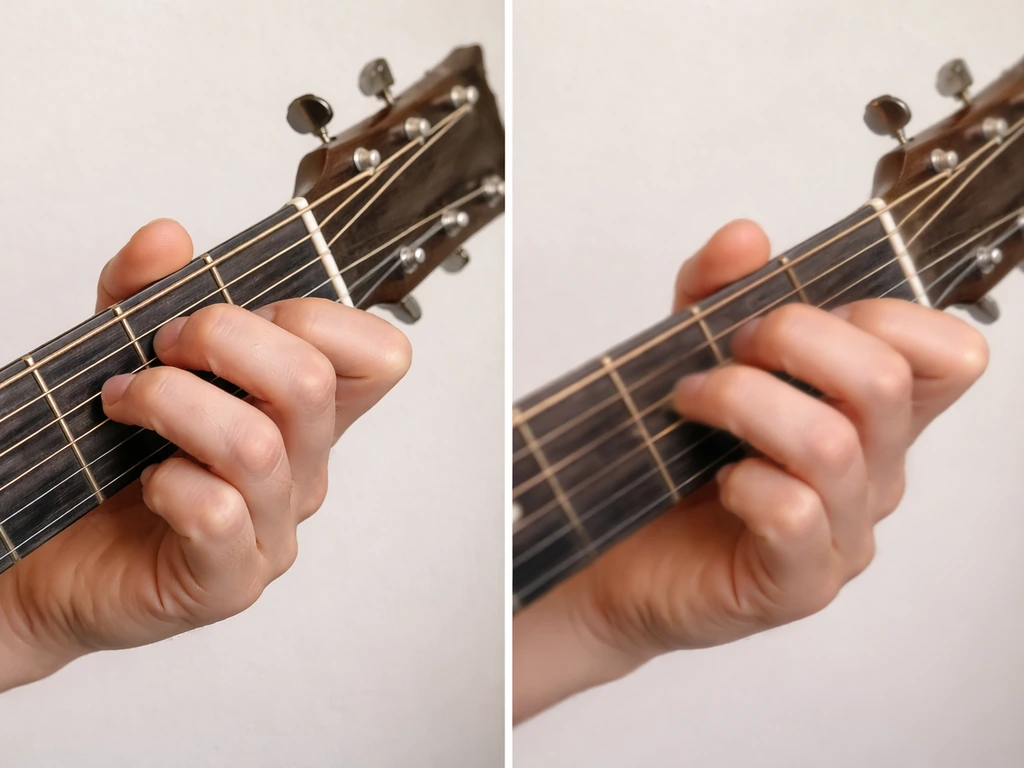 Close-up of a beginner holding a Bm barre chord on a guitar, fingers pressing near the second fret.