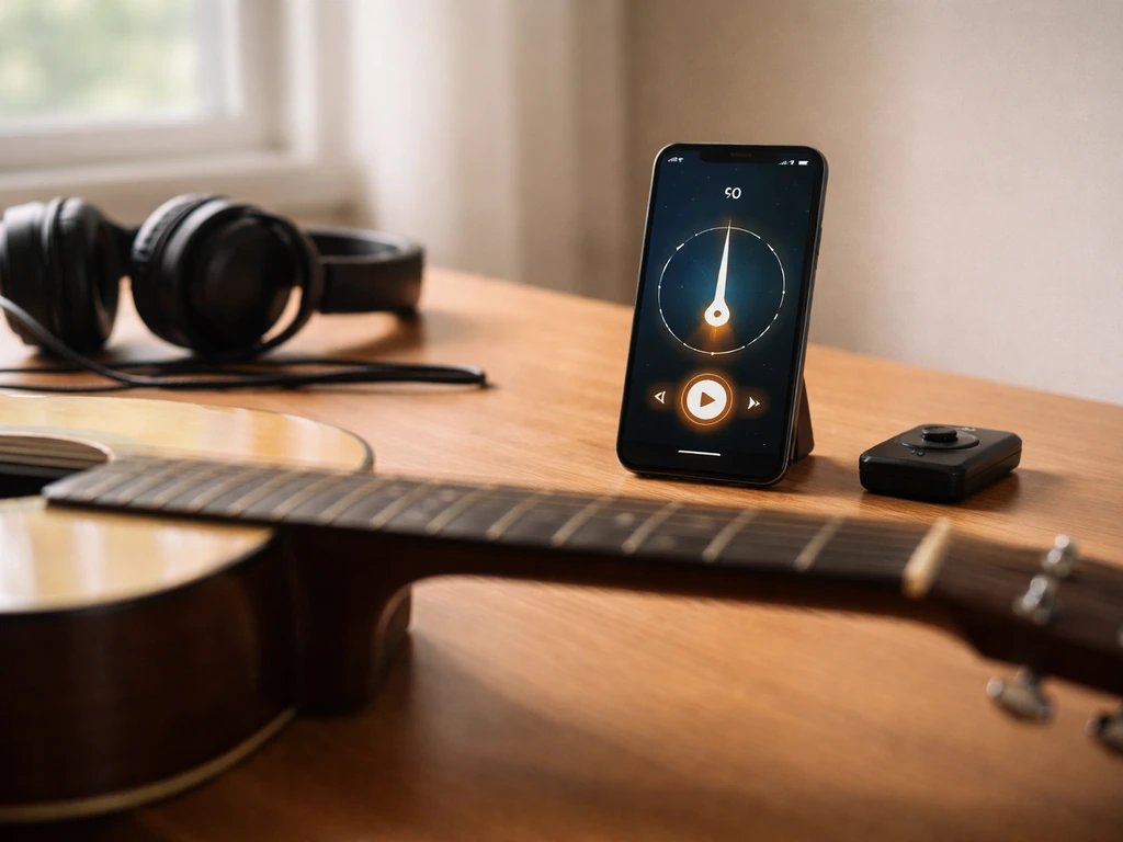Acoustic guitar beside a phone showing a metronome set around 90 BPM on a clean desk.