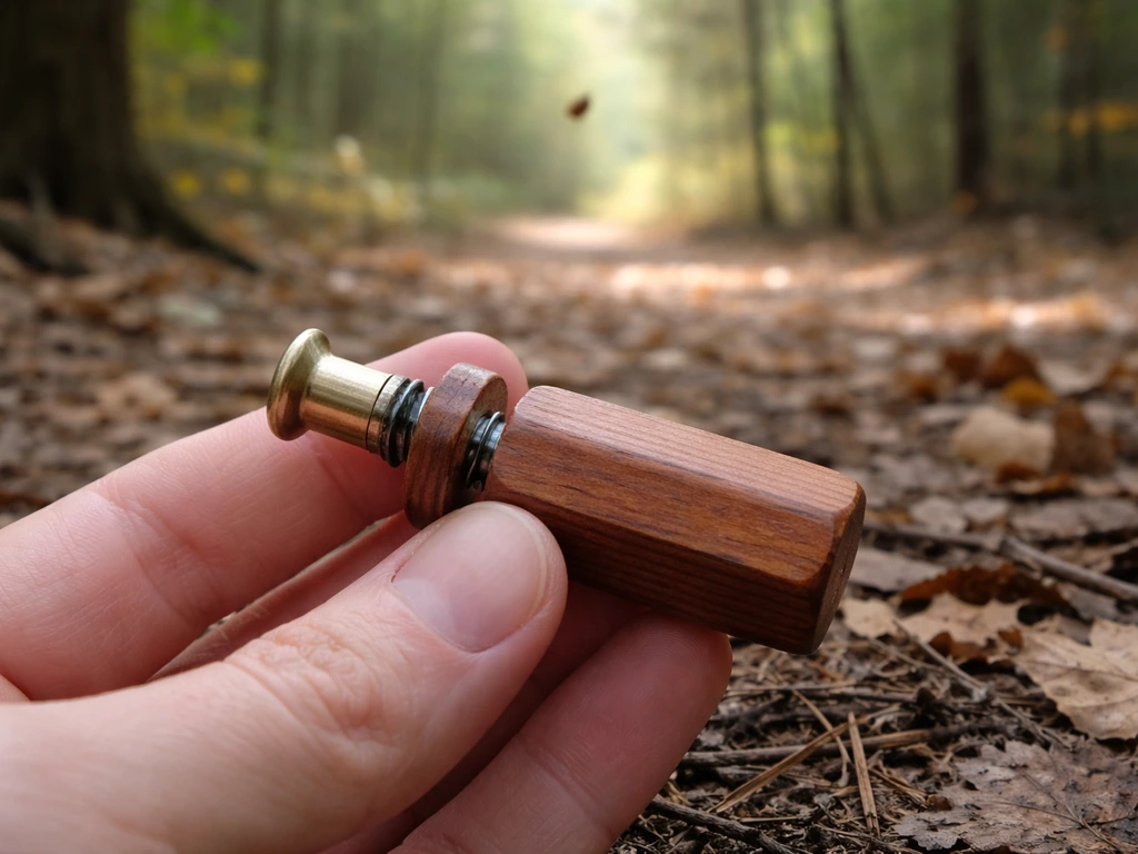 Close-up of an Audubon friction bird call in the foreground with a quiet forest and distant bird silhouette.