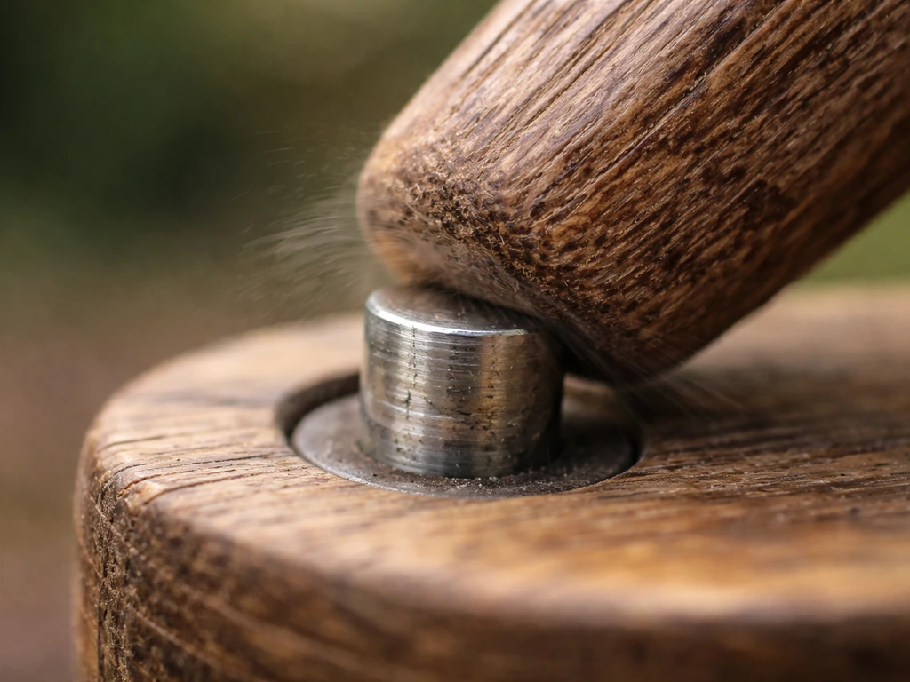 Close-up of a friction bird call where wood meets metal, showing where the sound is made.