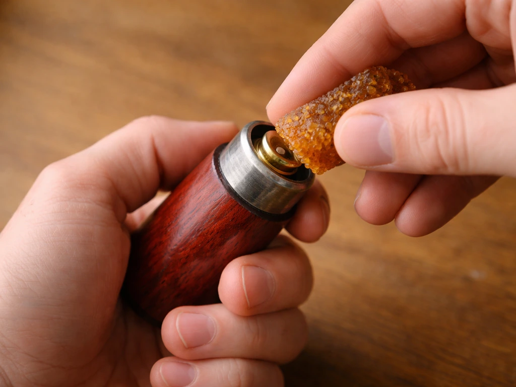 Hands applying fresh pine rosin to the metal cylinder on a red birchwood barrel.