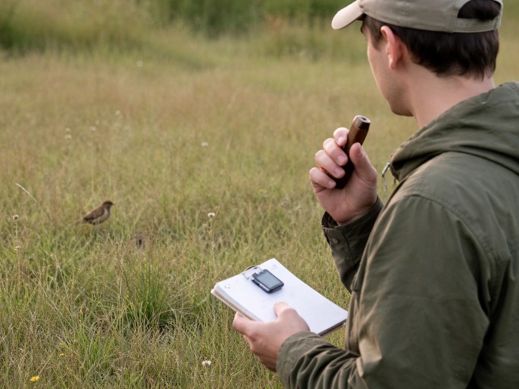 Anonymous birdwatcher holding a bird call briefly, checking a timer/notepad while keeping distance from a small bird.