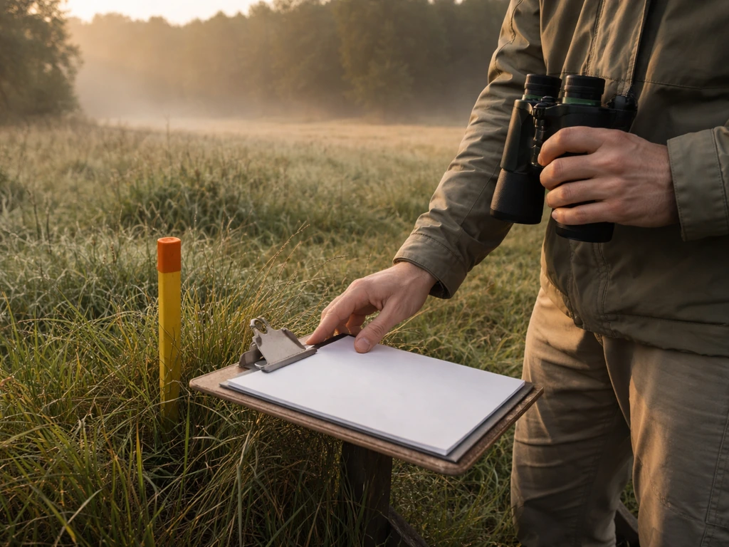 Early morning field survey: binoculars and notebook by a fixed point marker in misty grass