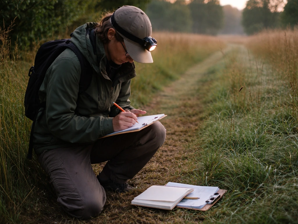 Ecologist at dawn reviewing an open field notebook beside a clipboard in a quiet meadow.