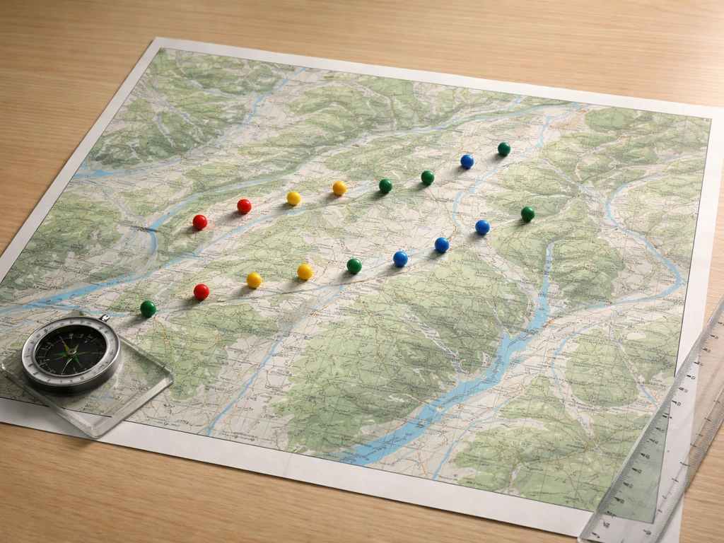 Overhead view of a topographic map on a desk with survey point markers spaced for comparability.