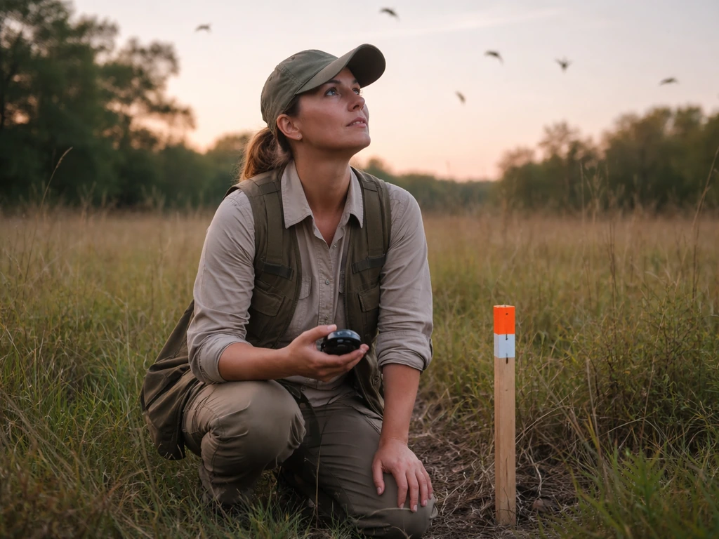 Observer kneeling at a fixed survey point with a timer while watching birds in a quiet field