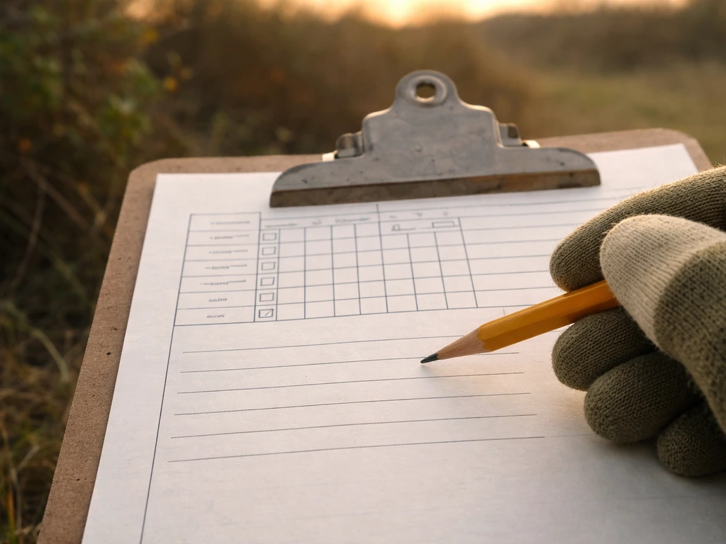 Close-up of a field datasheet on a clipboard with handwritten breeding evidence codes outdoors.
