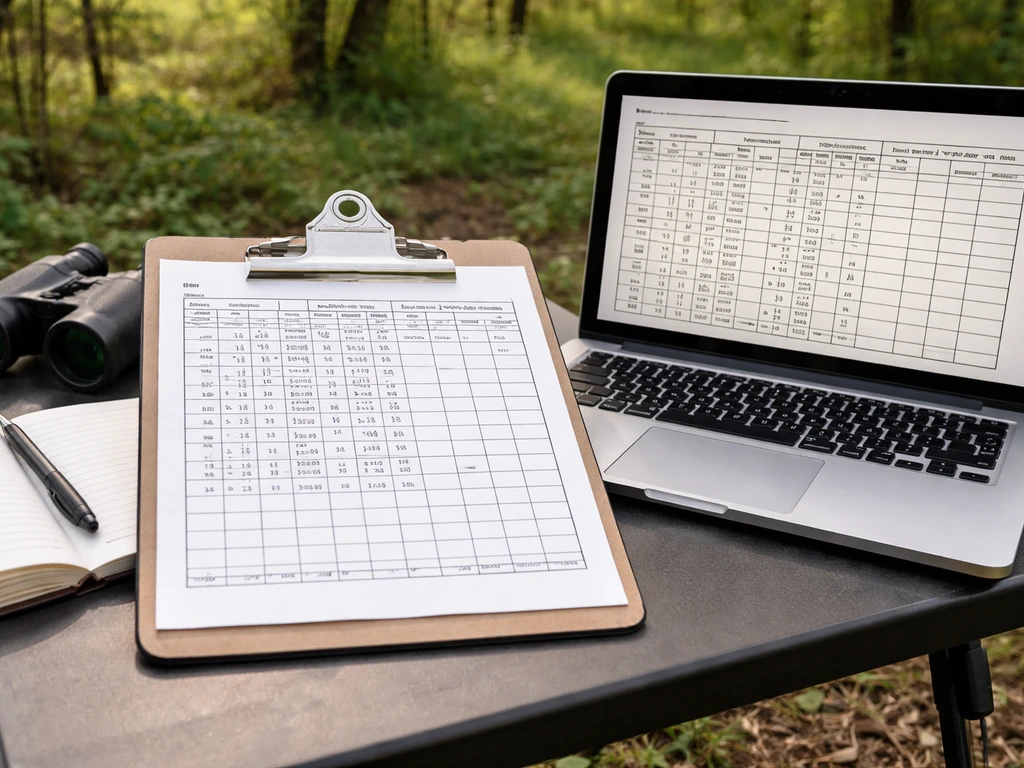 Breeding bird survey datasheet and laptop on a field table with binoculars nearby, outdoors.