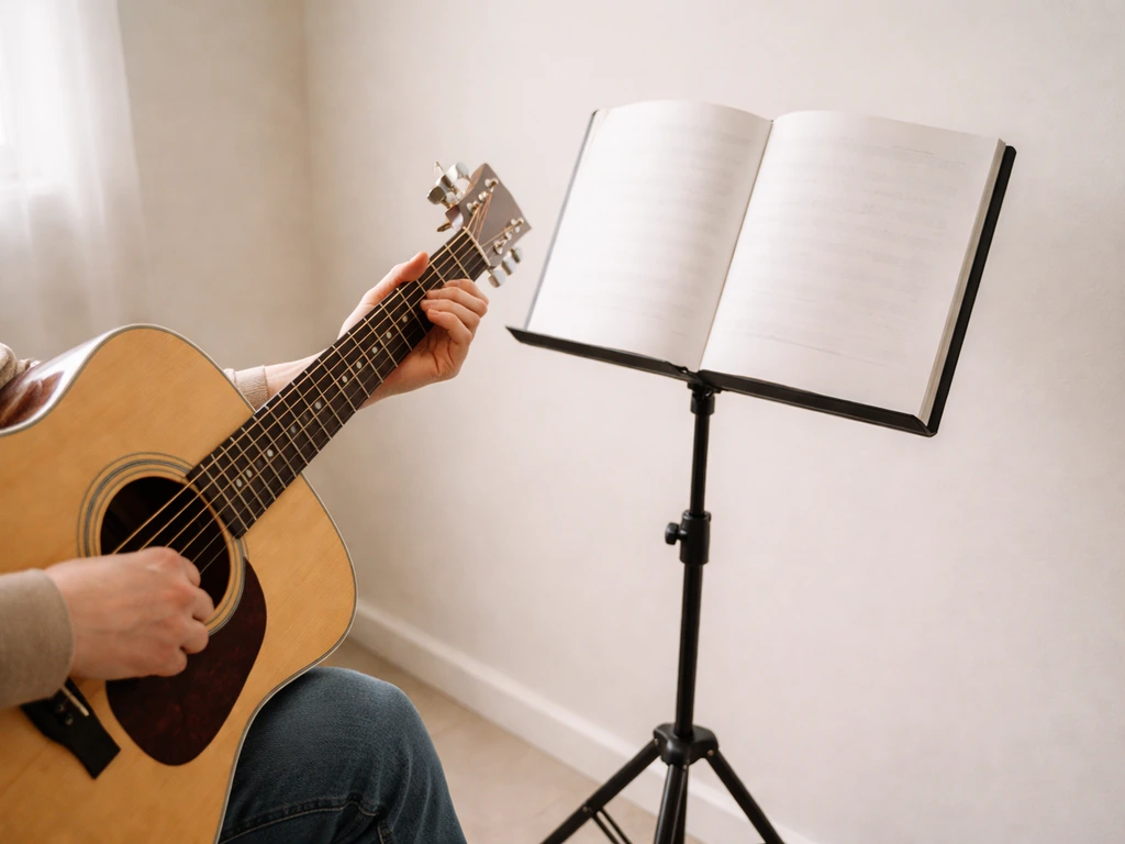 Beginner playing an acoustic guitar with a simple music notebook on a stand in natural light.