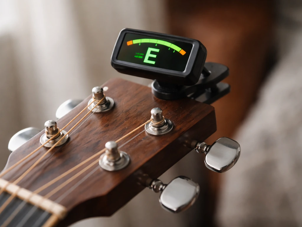 Close-up of a clip-on guitar tuner on an acoustic guitar headstock, strings in view