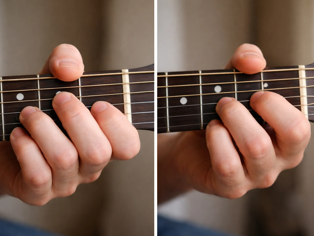 Close-up of guitar-playing hands forming C and G chords side-by-side on a fretboard.