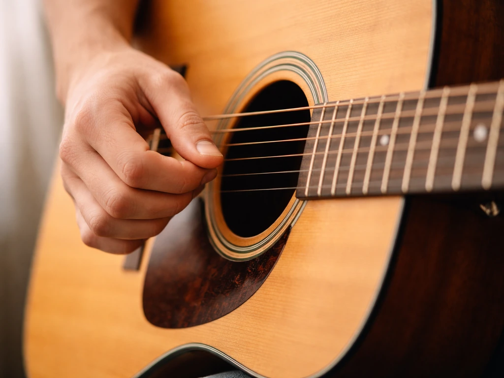 Close-up of a guitarist’s hand strumming an acoustic guitar over the sound hole.