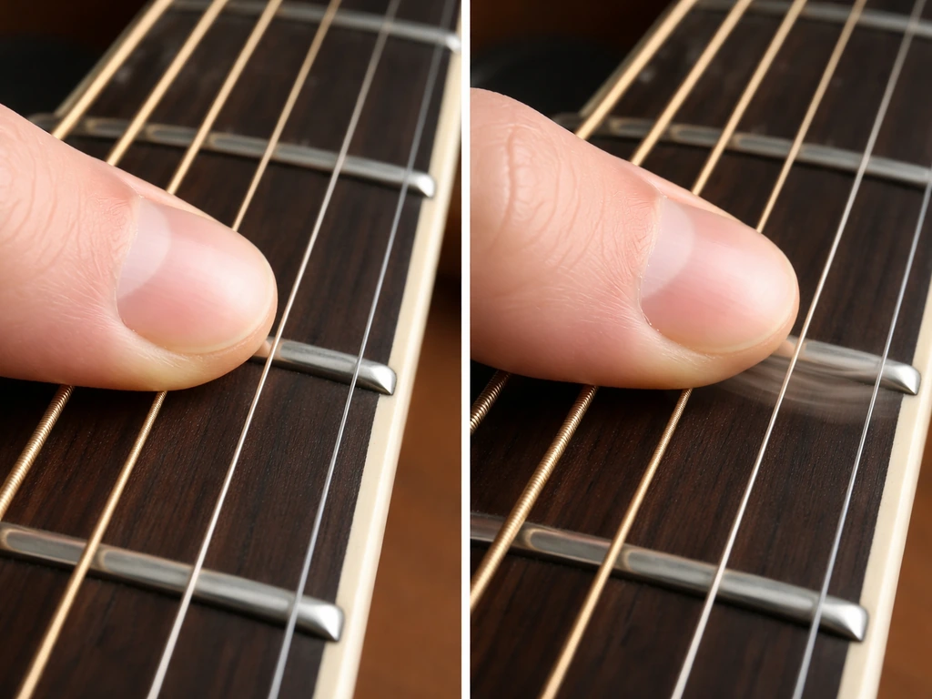 Close-up of a guitarist’s fretting fingers: one pressed near the fret wire, one off-center causing buzz