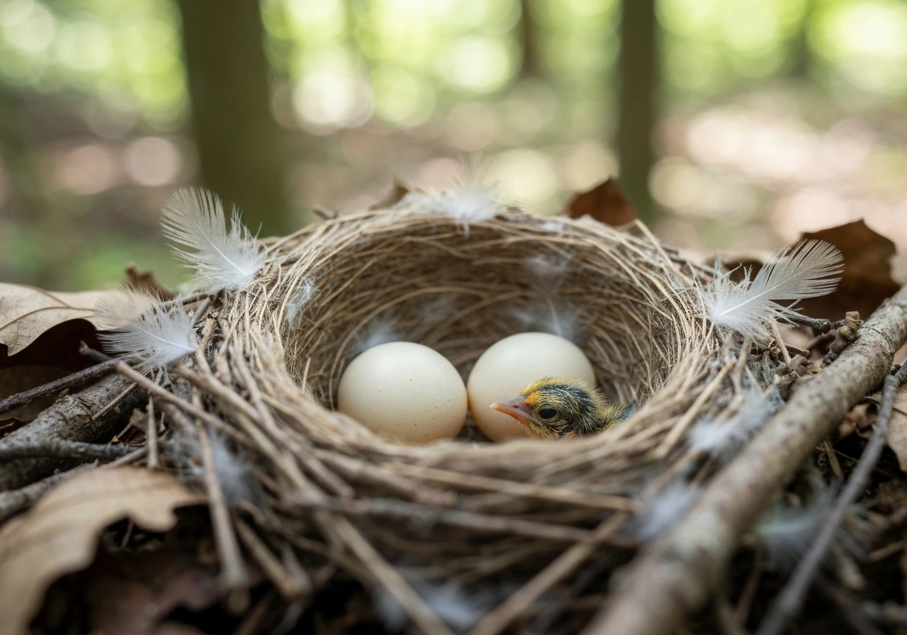 A bird nest with visible eggs and a newly hatched chick, softly lit with a blurred outdoor background.