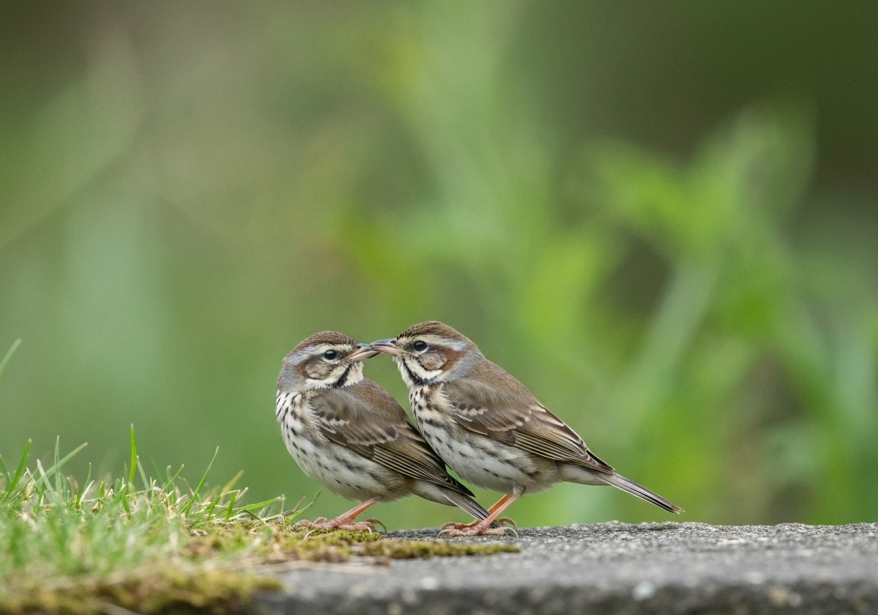 Close-up of two small wild birds touching cloacae during mating on a grassy ledge