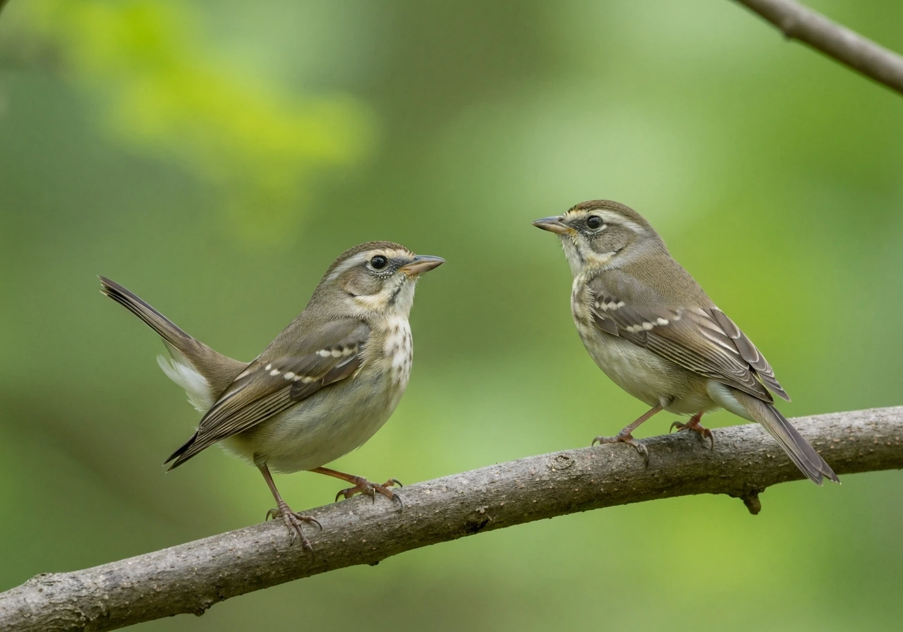 Two small songbirds on a branch, one displaying and the other responding attentively in a quiet woodland.