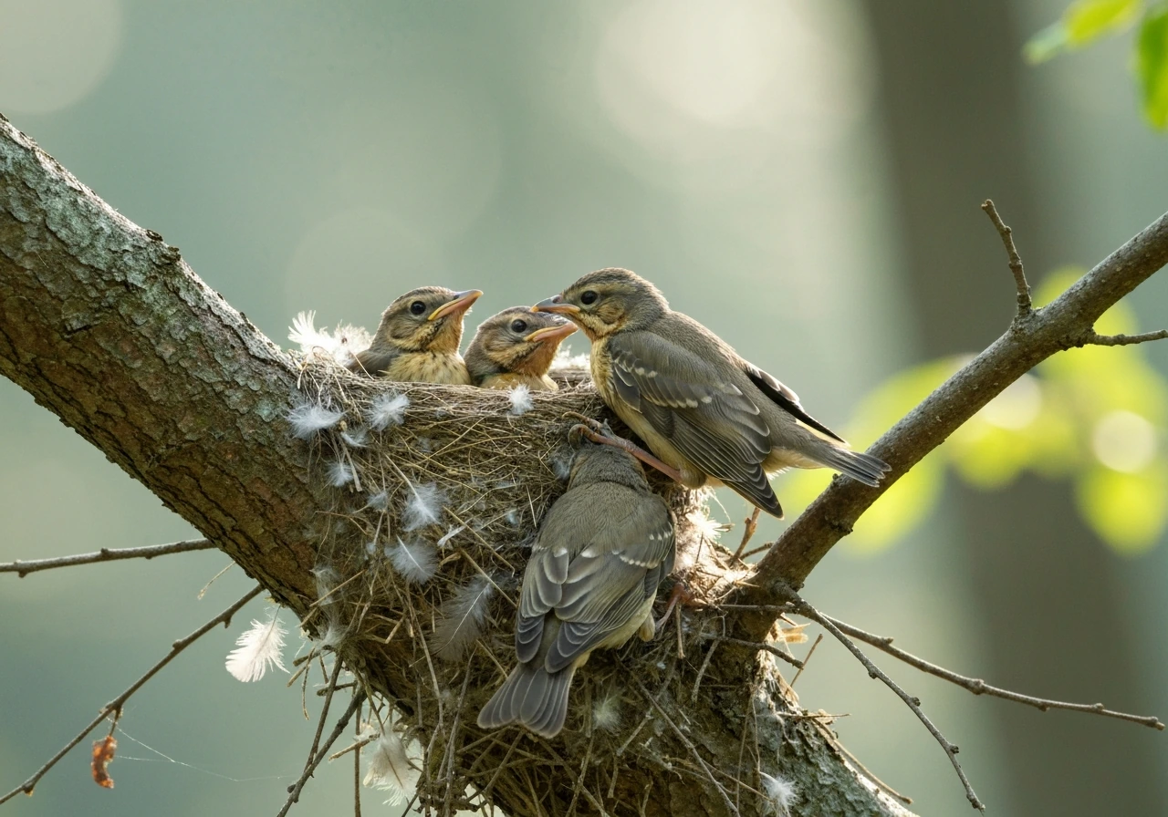 Juvenile songbirds perched at a nest entrance on a tree branch, moments after fledging