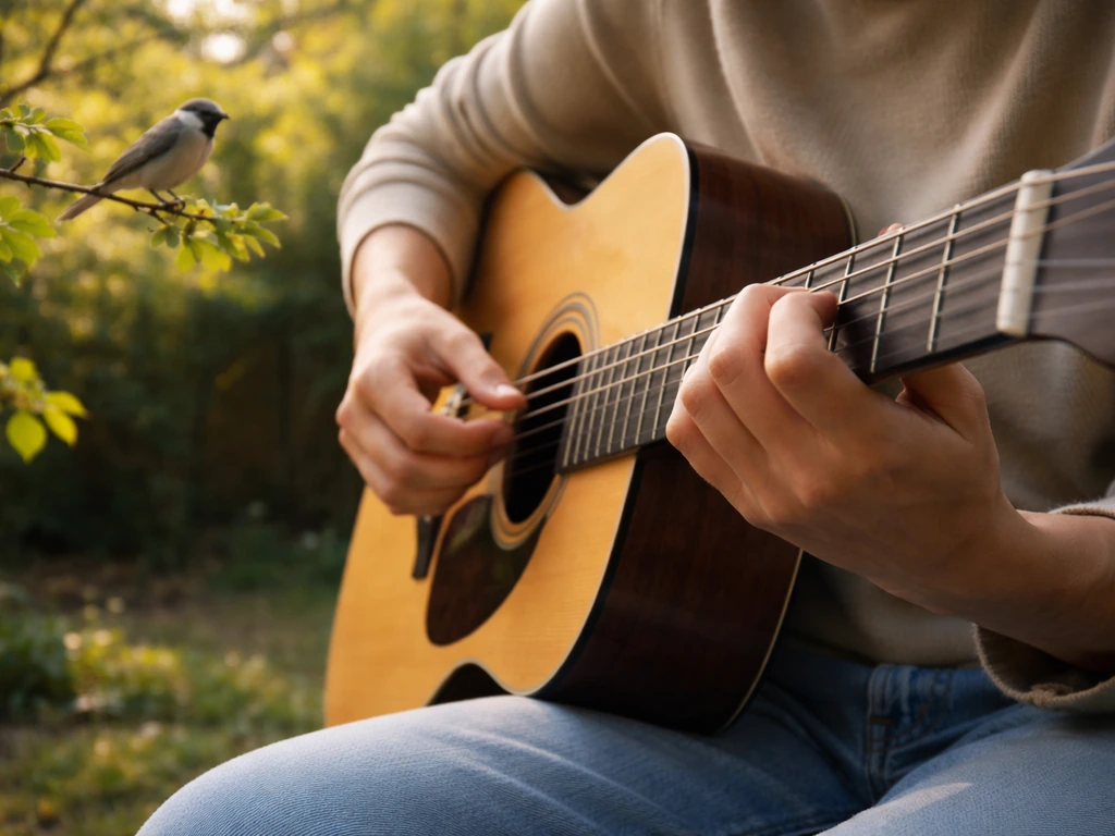 Close-up of hands playing acoustic guitar with a small songbird nearby in a quiet garden.