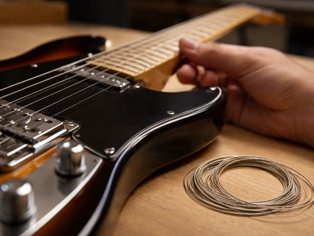 Close-up of an electric guitar neck and bridge with strings arranged to suggest different gauges and proper setup points