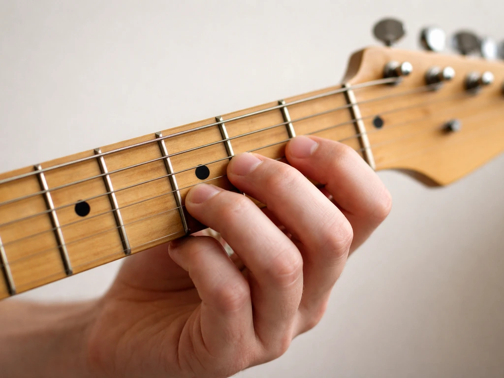 Close-up of guitar fretboard with fingers placed on a minor pentatonic starting position