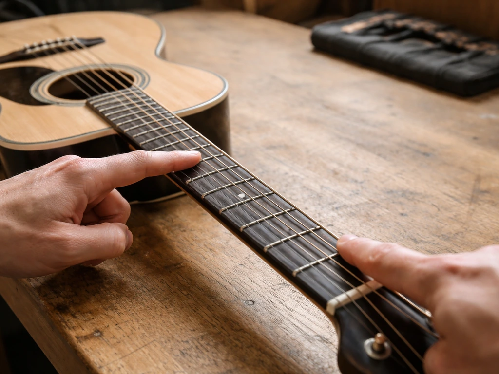 Guitar on a workbench with close-up hands pressing near frets and comparing harmonic at the 12th fret