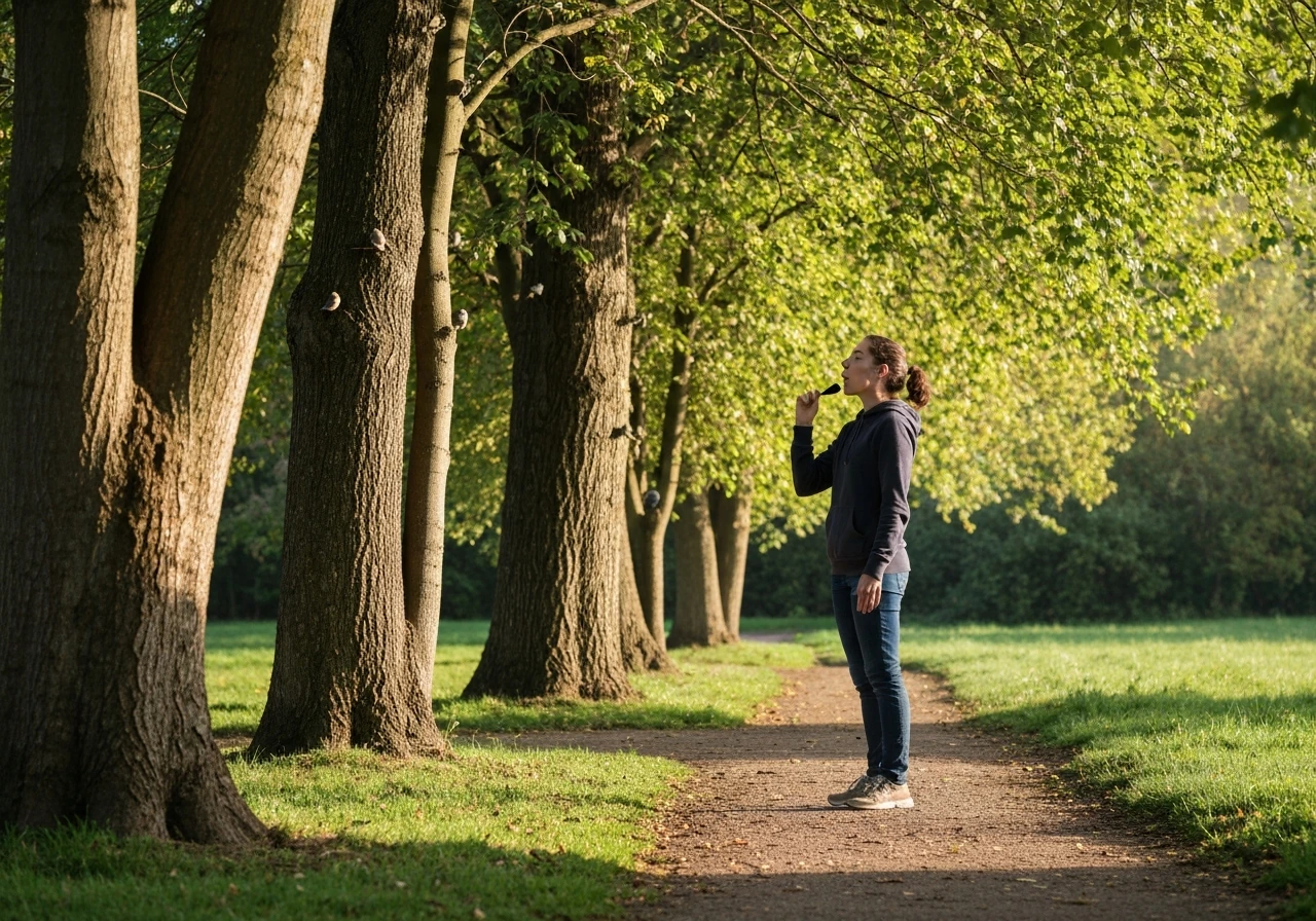 Person whistling near trees in morning light while birds perch in the background.