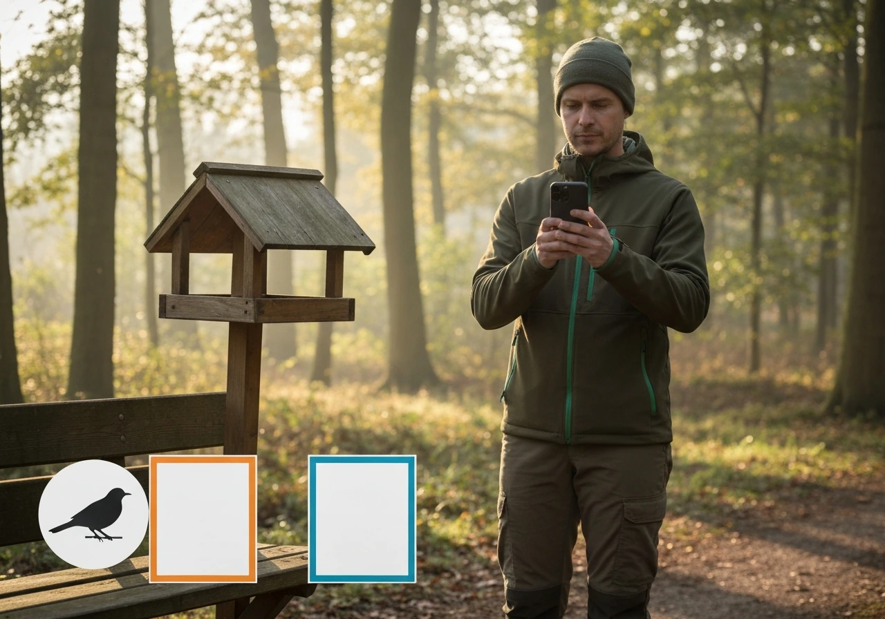 Birdwatcher in a quiet forest holds a phone near a small bird feeder with subtle sound-focused atmosphere