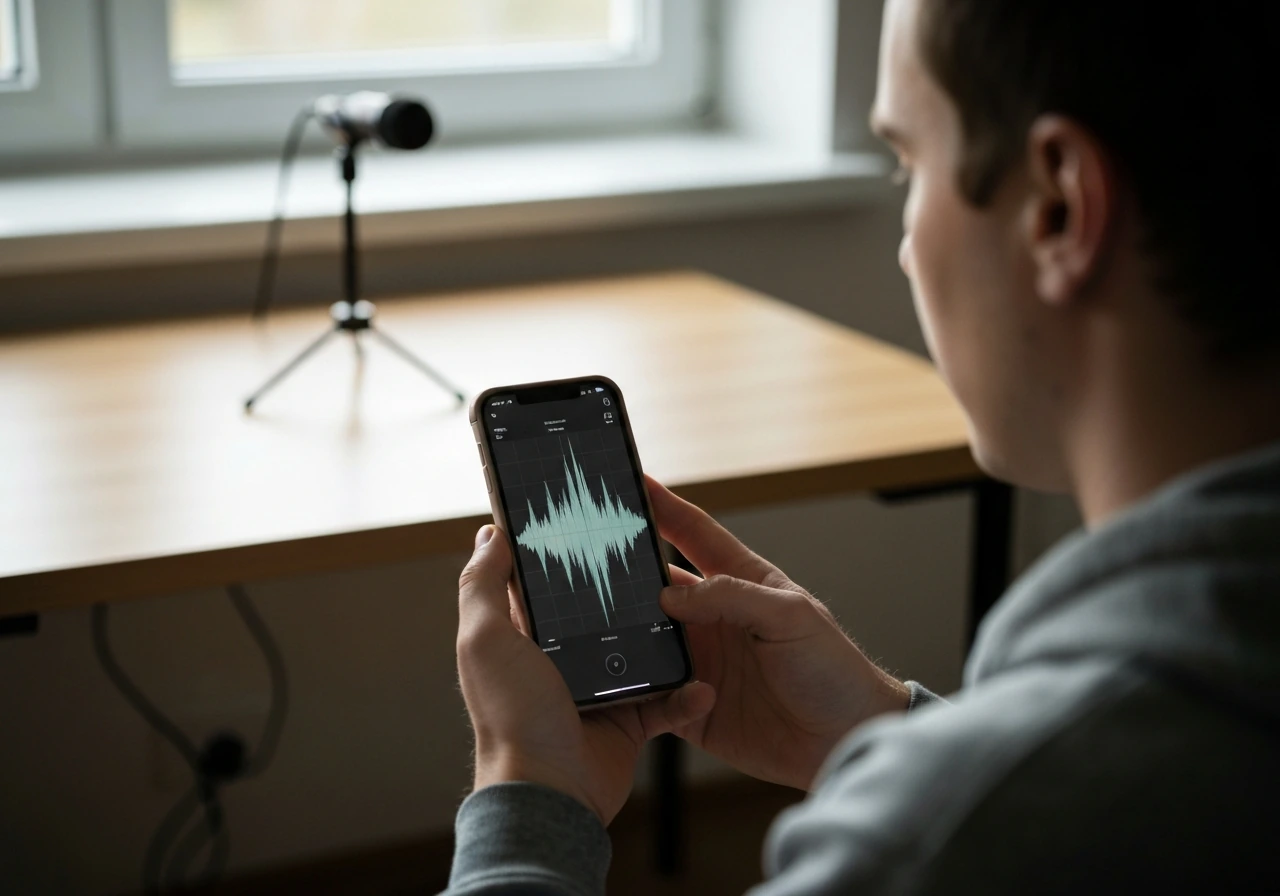 Anonymous person holds a phone showing a spectrogram-style waveform while looping a bird recording.