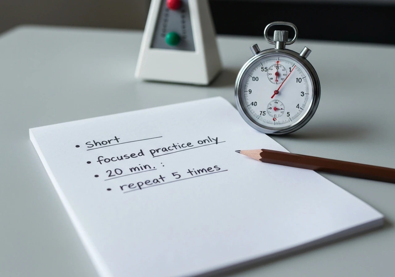 Stopwatch and blank notepad on a desk suggesting a 20-minute practice plan with repeat steps