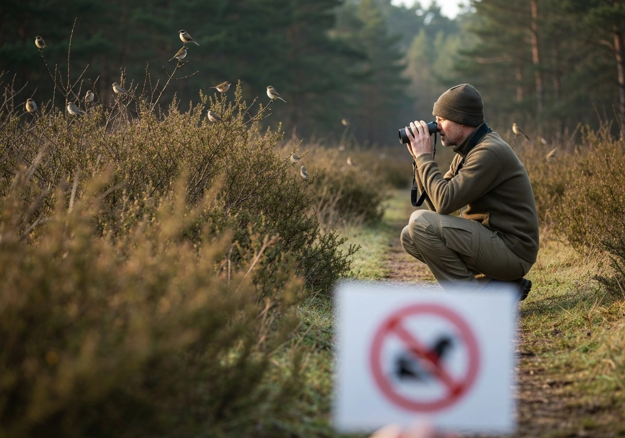Birdwatcher in a quiet park watching small birds from a respectful distance, no playback sign.