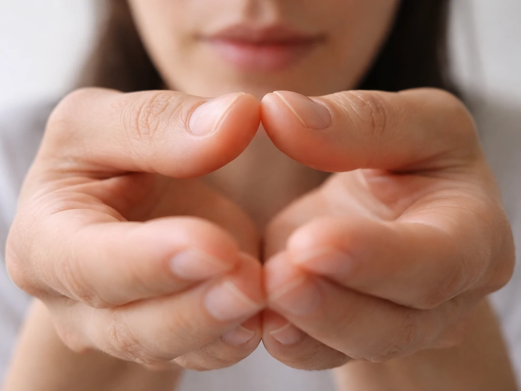 Close-up of cupped hands with thumbs nearly touching and lips sealed near the mouth edge.