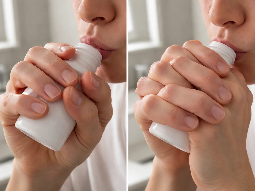 Close-up side-by-side comparison of loose versus tight finger interlacing and lip contact on a bottle rim.