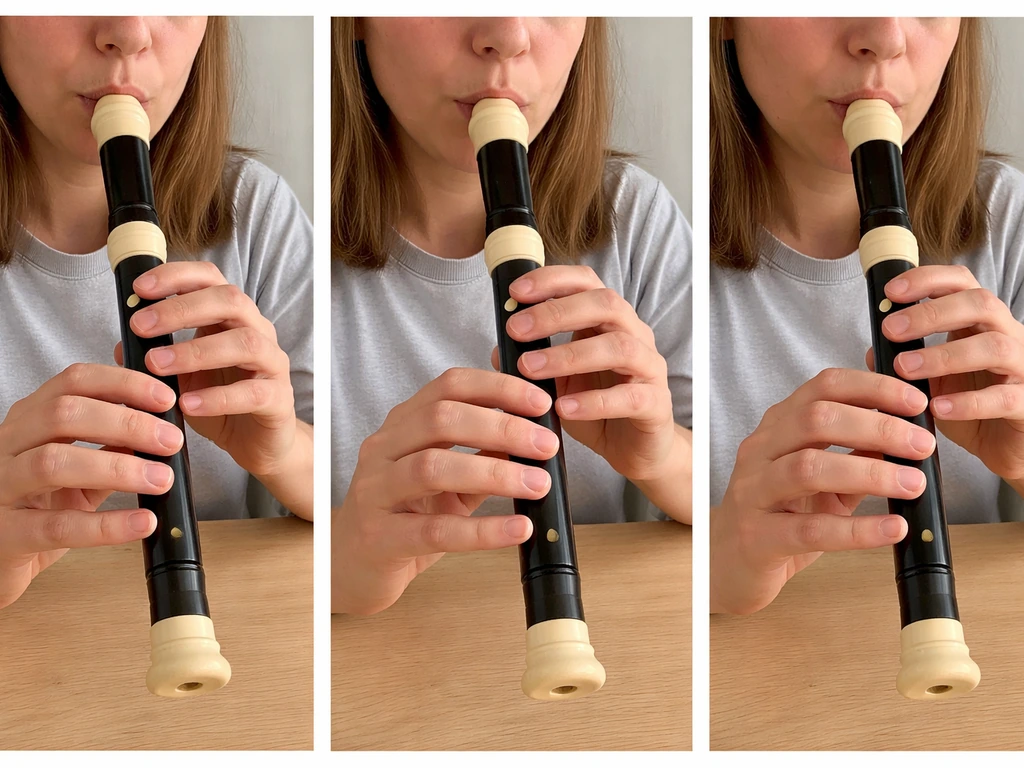 Close-up of hands at a wind instrument mouthpiece showing three short practice attempts.
