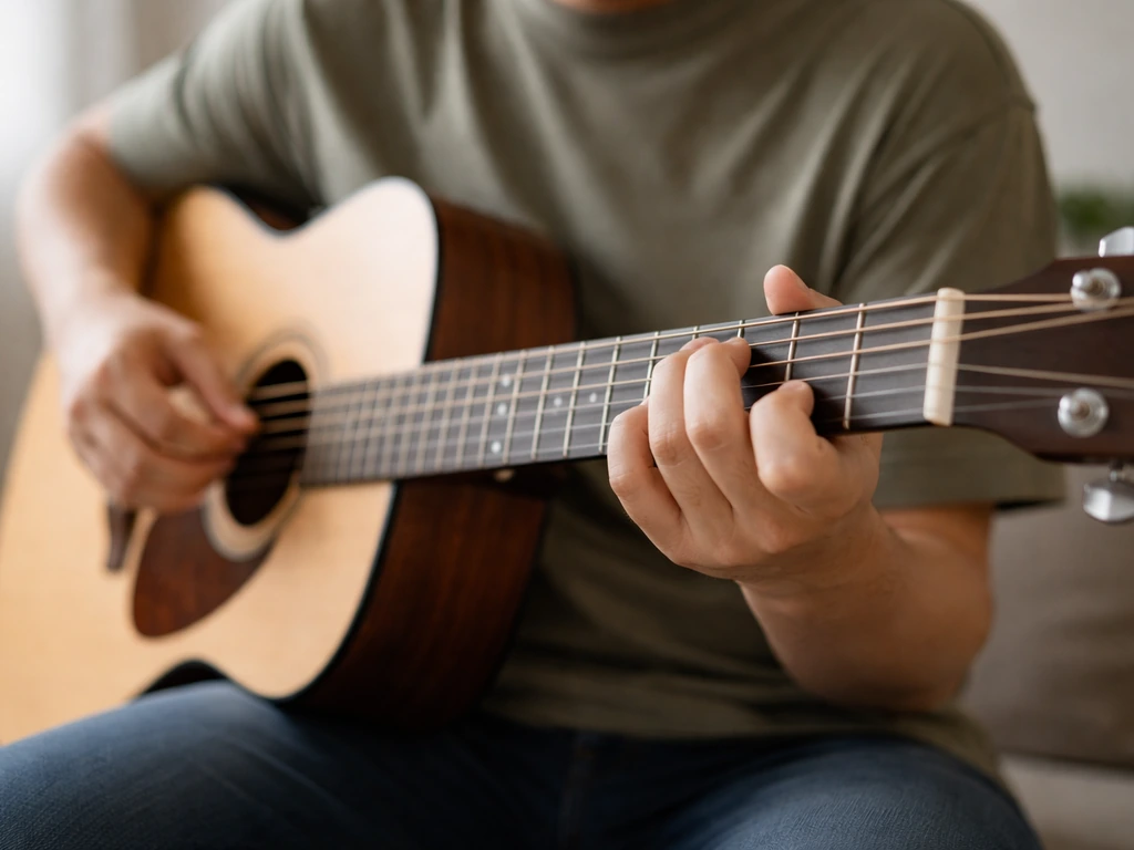 Anonymous hands practicing acoustic guitar, chord grip visible on the fretboard during a gentle strum.