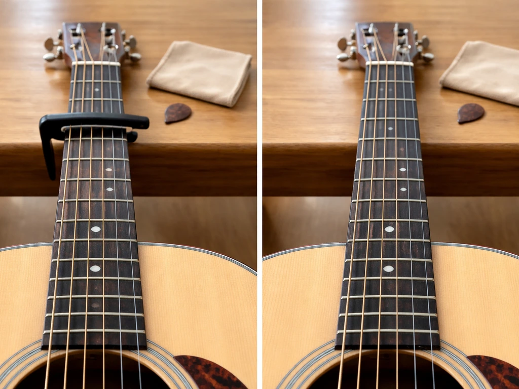 Close-up of an acoustic guitar on a wooden table with a capo placed near the first frets.
