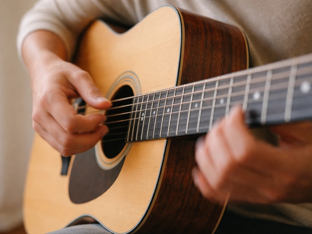 Hands strumming an acoustic guitar over a simple 4/4 beat count, minimal scene.
