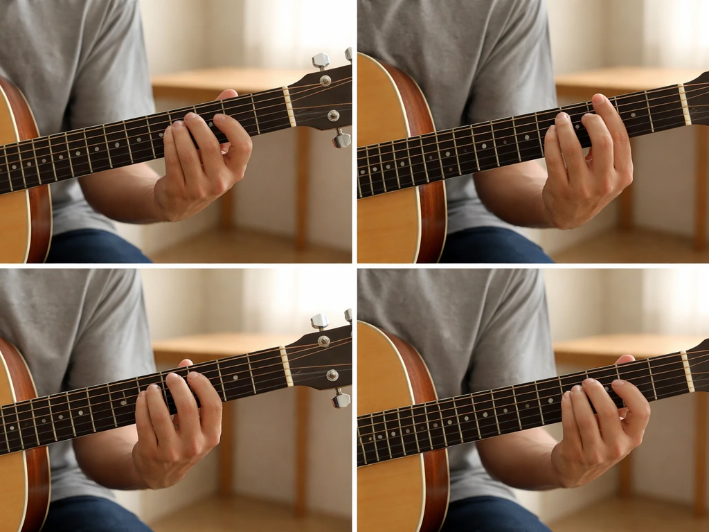 Close-up of hands strumming an acoustic guitar, with chord shapes suggesting D–G–A–D sequence.