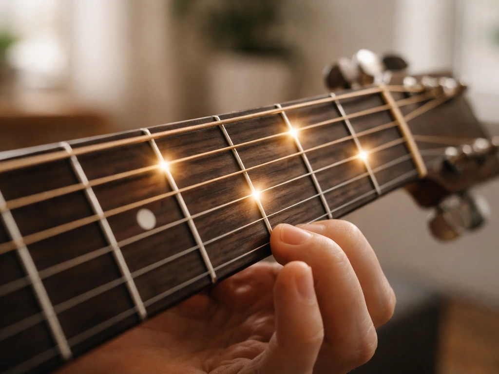 Closeup of a guitar fretboard with strings highlighted around first frets for melody notes