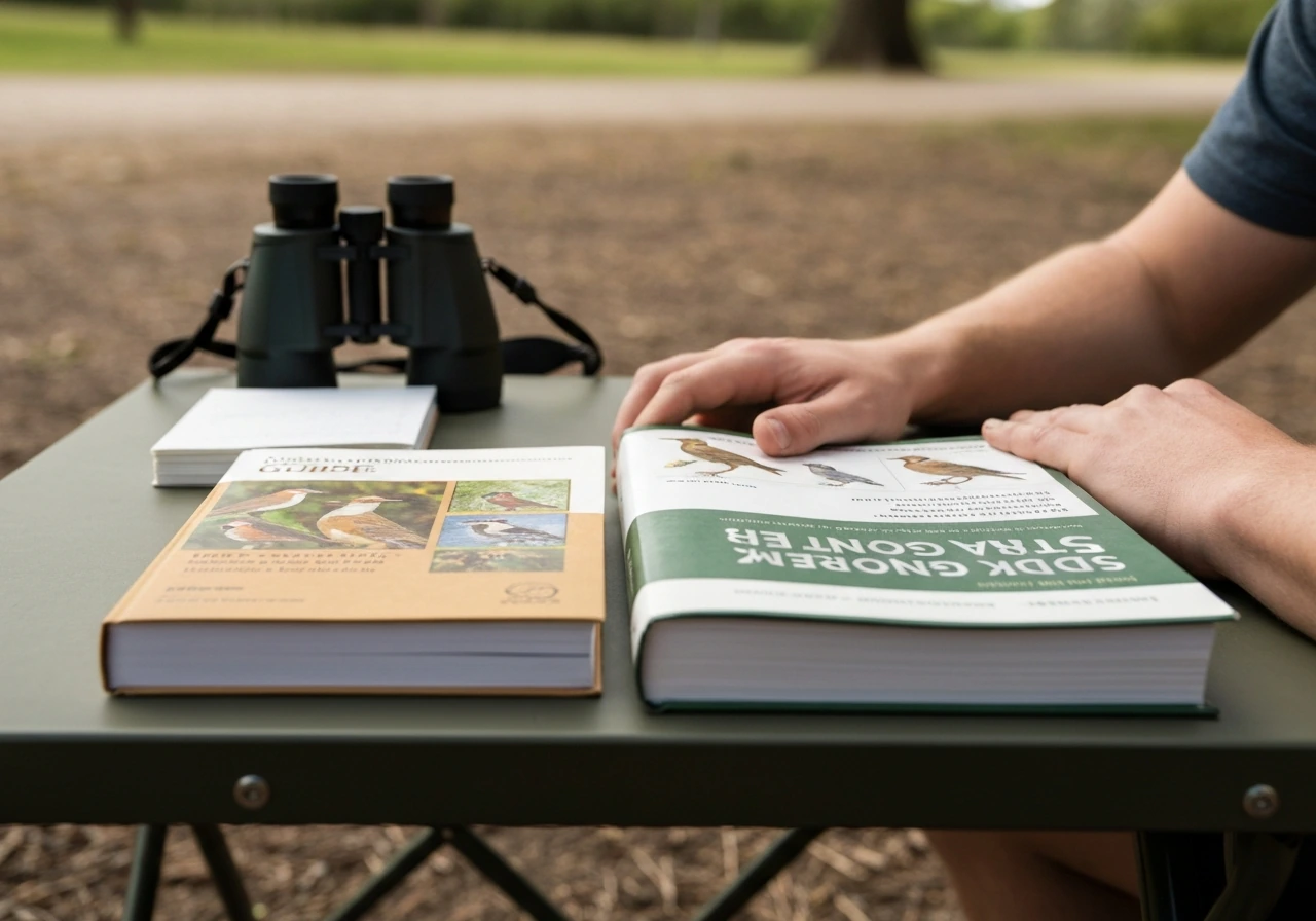 Beginner comparing two bird guidebooks on an outdoor gear table with binoculars nearby