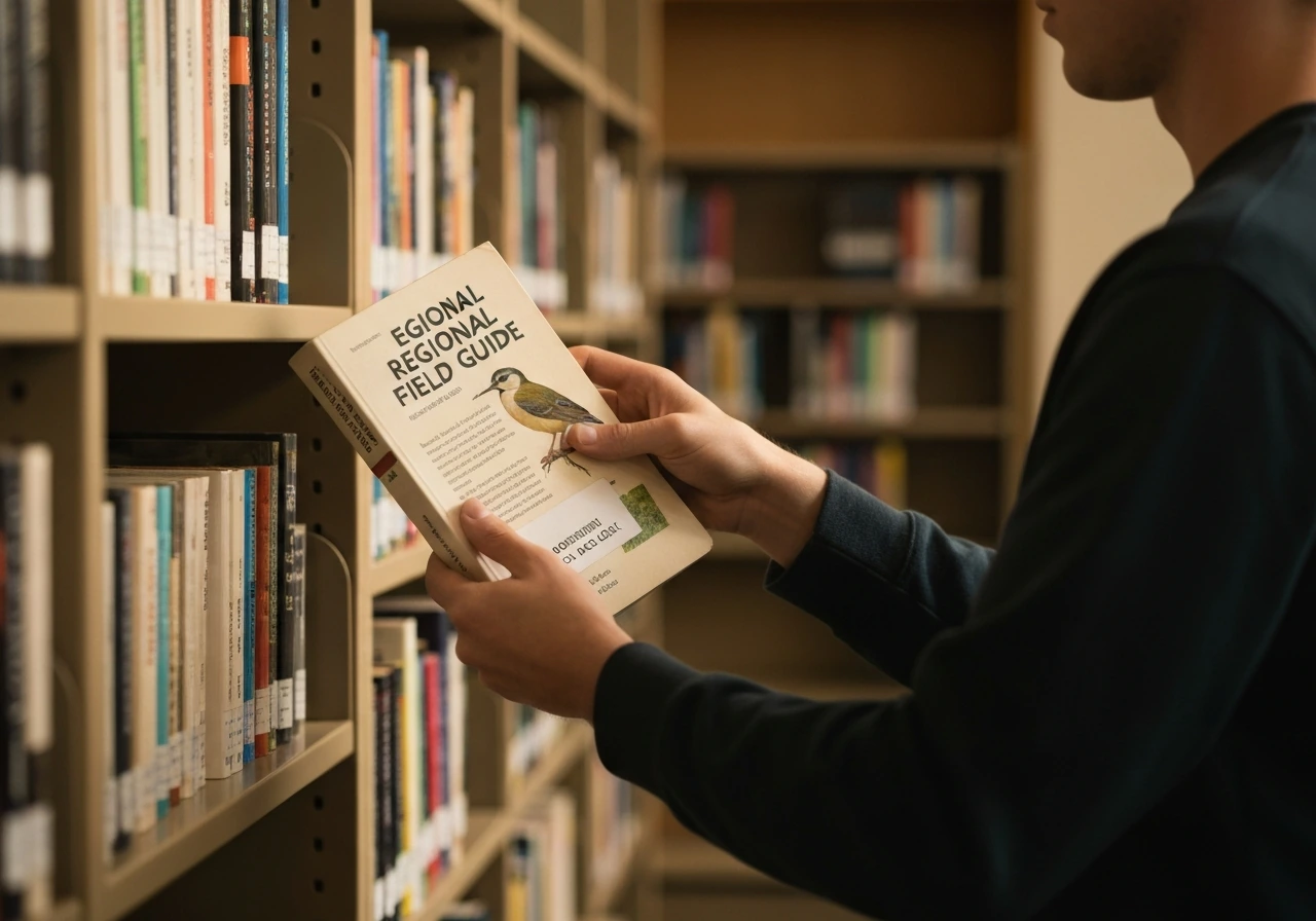 Person in a library aisle pulling a regional bird field guide from shelves