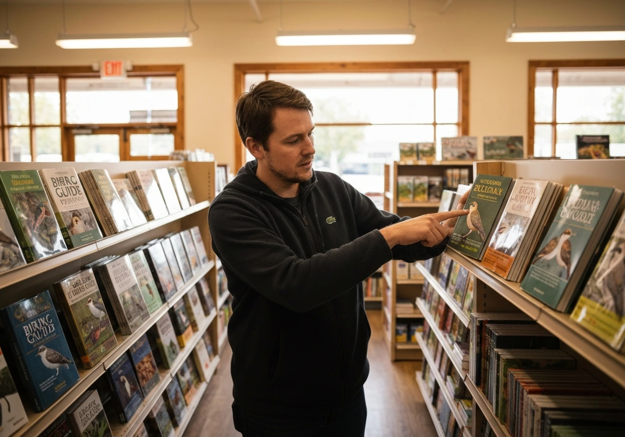 Employee points to a regional bird guide on a shelf inside a birding specialty store.