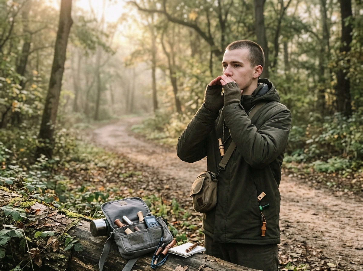 Beginner learning different bird calls with voice and simple tools in a natural setting.